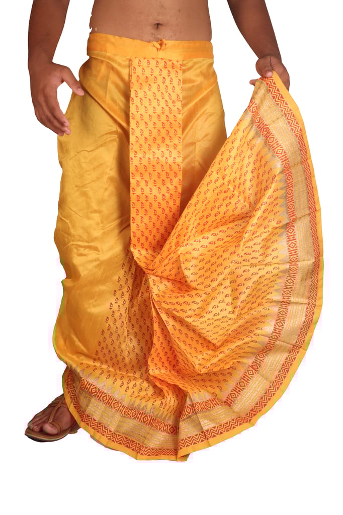 Oblik's Golden Yellow 024 Hand Block Print Dupion Silk Dhoti For Men
