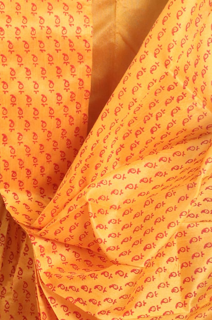 Oblik's Golden Yellow 024 Hand Block Print Dupion Silk Dhoti For Men