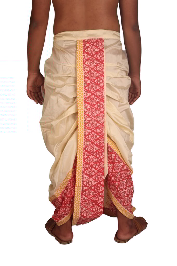 Oblik's Cream 025 Hand Block Print Dupion Silk Dhoti For Men
