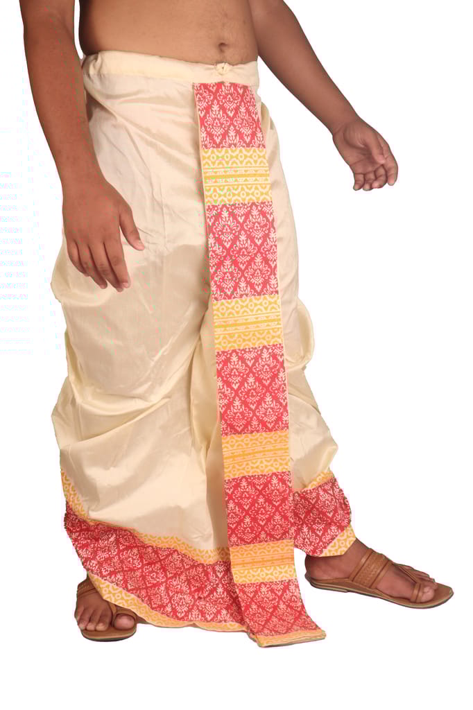 Oblik's Cream 025 Hand Block Print Dupion Silk Dhoti For Men