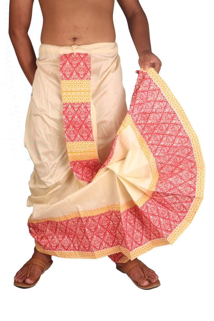 Oblik's Cream 025 Hand Block Print Dupion Silk Dhoti For Men