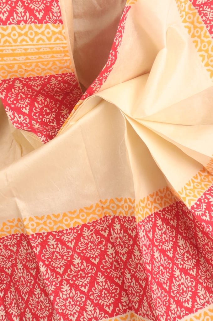 Oblik's Cream 025 Hand Block Print Dupion Silk Dhoti For Men