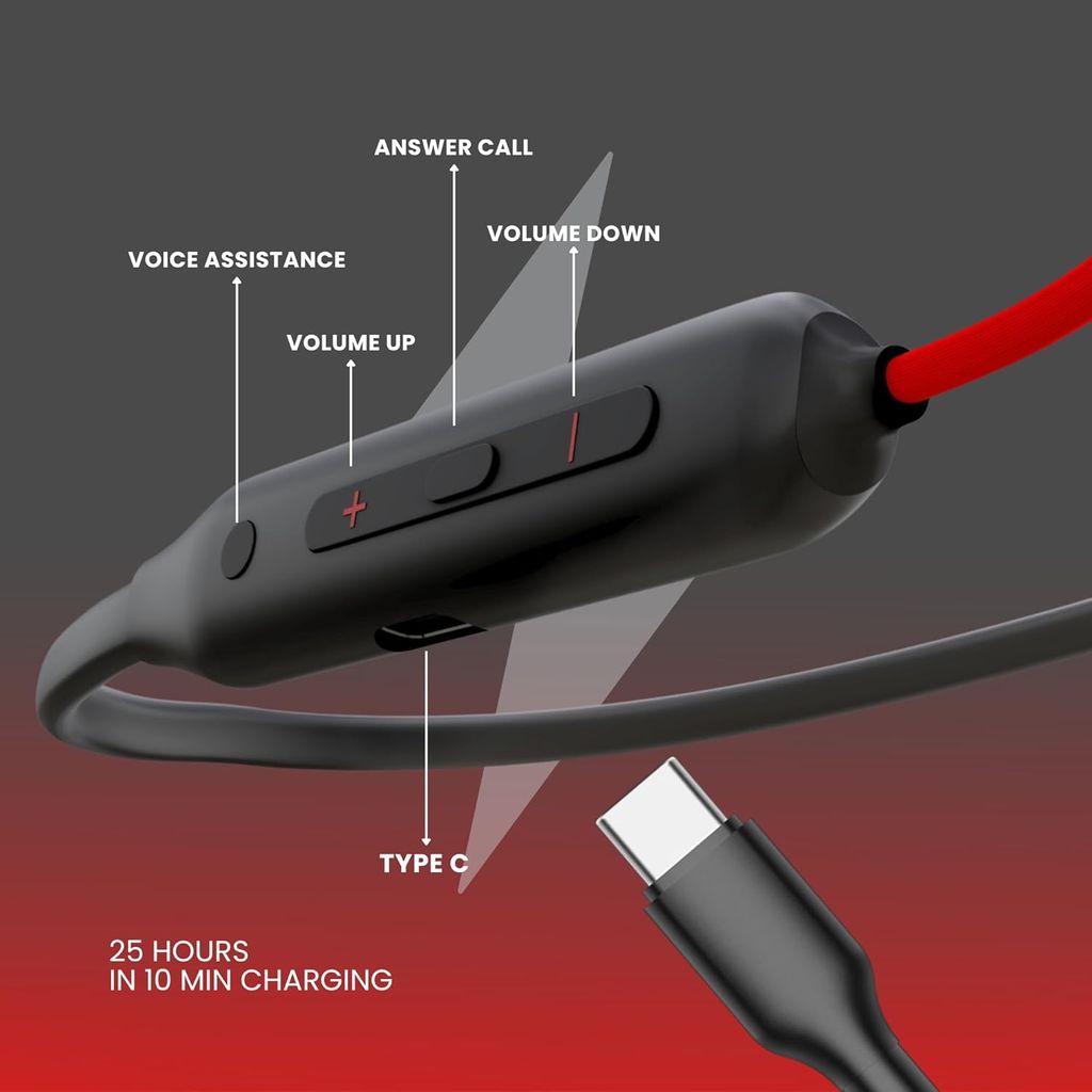 OOGE Tune 7 in-Ear Bluetooth Neckband with ENC, 3D Surround Sound, Magnetic On-Off, Voice Assistant, Type-C Fast Charging, IPX5 Sweat-Resistant, 25H Playtime,10mm PureTone Driver for Dyamic Bass (Red)