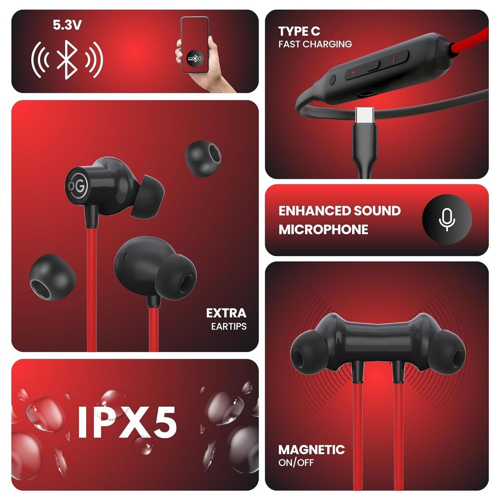 OOGE Tune 7 in-Ear Bluetooth Neckband with ENC, 3D Surround Sound, Magnetic On-Off, Voice Assistant, Type-C Fast Charging, IPX5 Sweat-Resistant, 25H Playtime,10mm PureTone Driver for Dyamic Bass (Red)