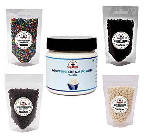 foodfrillz Whipping Cream Powder (100 g) + Dark Choco Chipa + White Choco Chips + Rainbow + Chocolate Vermicelli Sprinkles (50 g each) - Pack of 5