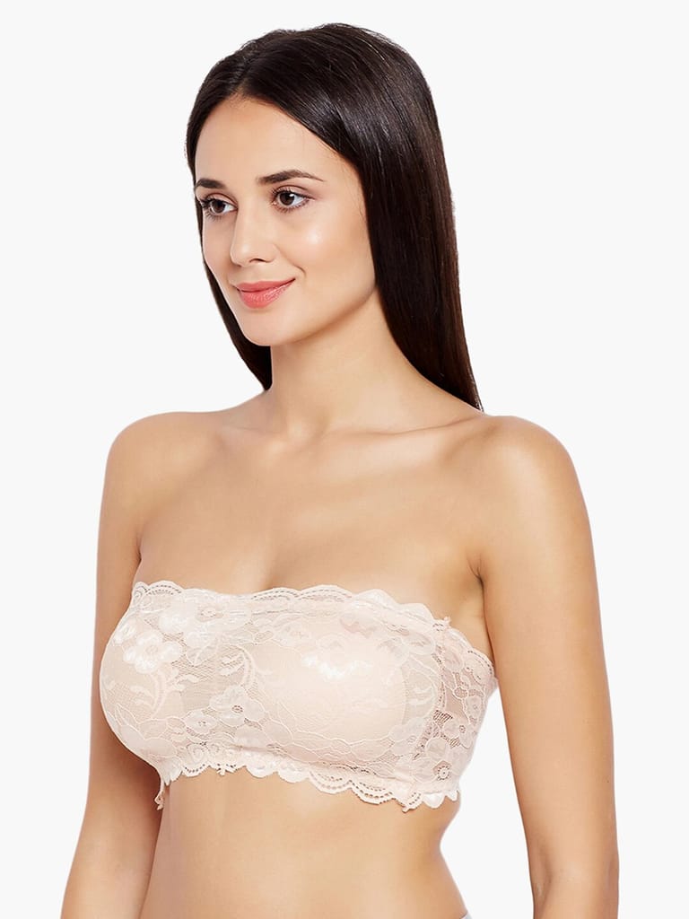 Stylish Women Women’s/Girl’s Lace Net Tube Bra Strapless Padded Seamless Hook Closure Bra - Beig