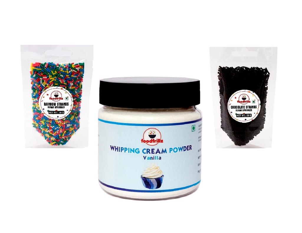foodfrillz Combo of 7 Baking Essential Ingredients (Cocoa+Baking Powder+soda+Vanilla Essence+Whipping Cream Powder+Rainbow & Chocolate Sprinkles)