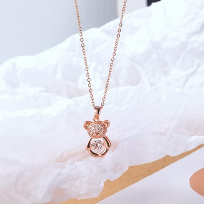 Jewelryklub Dancing Diamond Teddy Bear Shape Pendant With Chain - Rose Gold Jewelryklub Dancing Diamond Teddy Bear Shape Pendant With Chain - Rose Gold