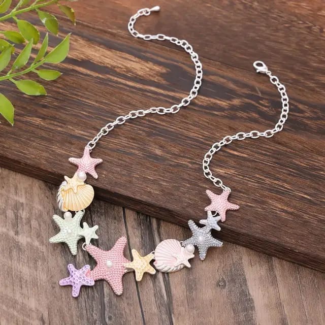 Jewelryklub Colourful Sea Shells Starfish Ocean Themed Pendant Necklace for Women & Girls - Mix Colors