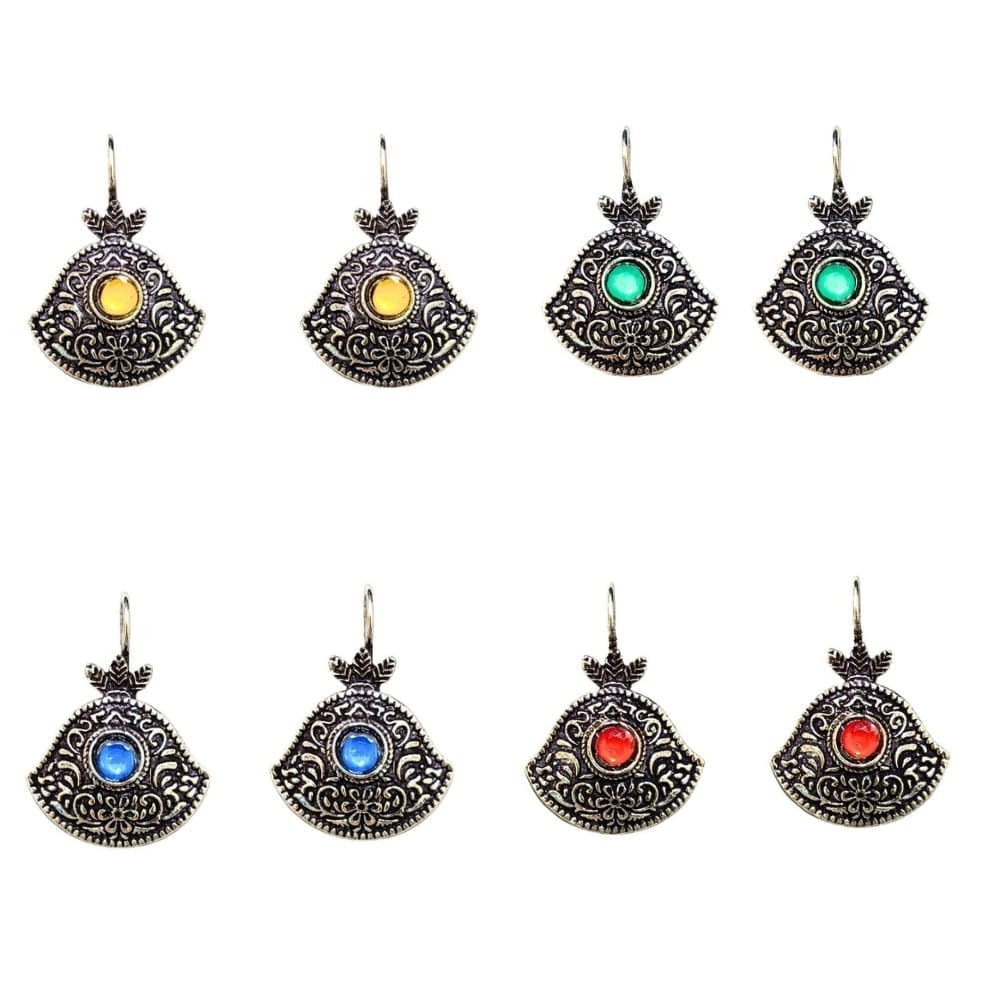 Jewelryklub Combo Of 4 Pairs Oxidised Silver Brass Bell Shape Fish Hook Earrings With Colored For Women And Girls