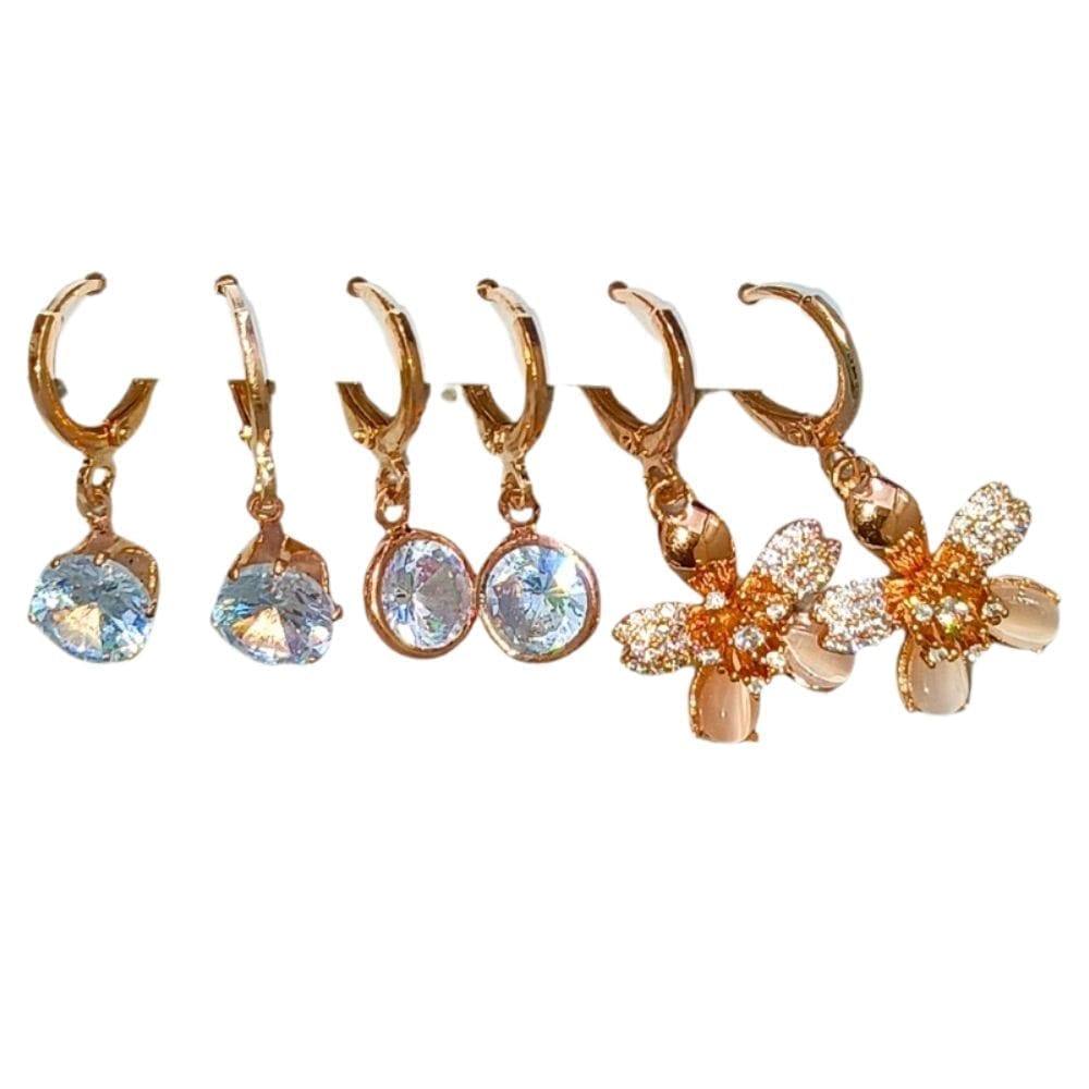 Jewelryklub Combo Of 3 Pairs Rose Gold Plated Zircon Studded AD Earrings For Girls Women Design 4