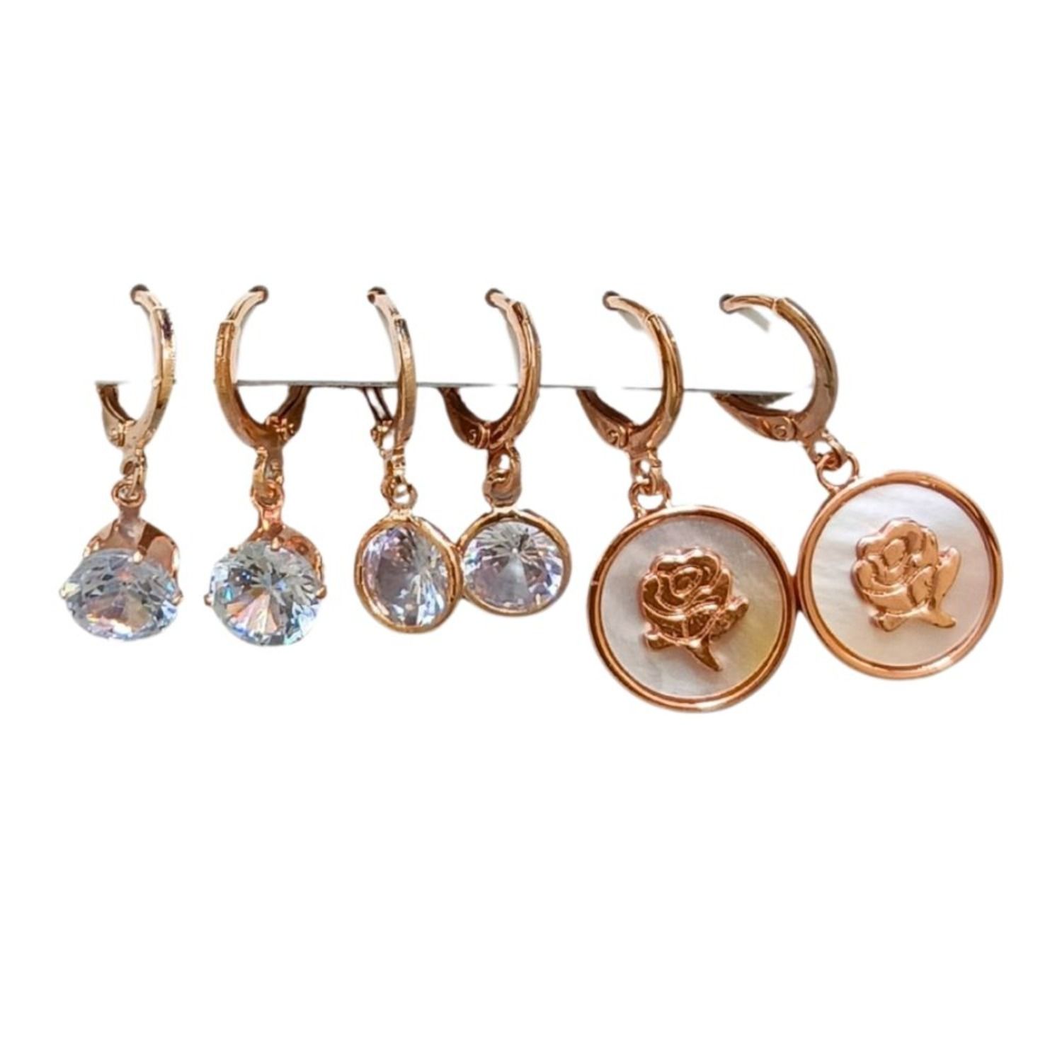 Jewelryklub Combo Of 3 Pairs Rose Gold Plated Zircon Studded AD Earrings For Girls Women Design 2