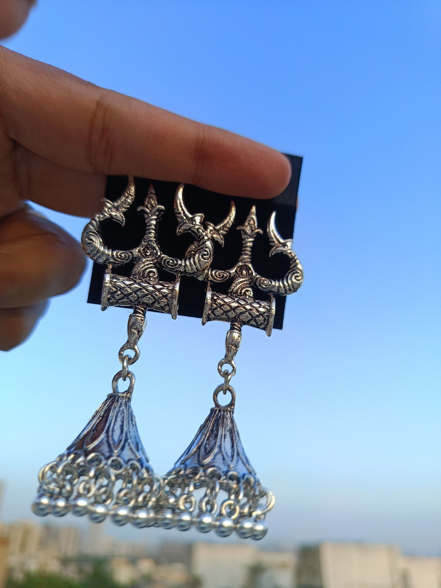Jewelryklub Oxidised Silver Jhumka Earrings For Girls And Women Shiva Trishul Design