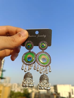 Jewelryklub Oxidised Silver Jhumka Earrings For Girls And Women Peacock Design