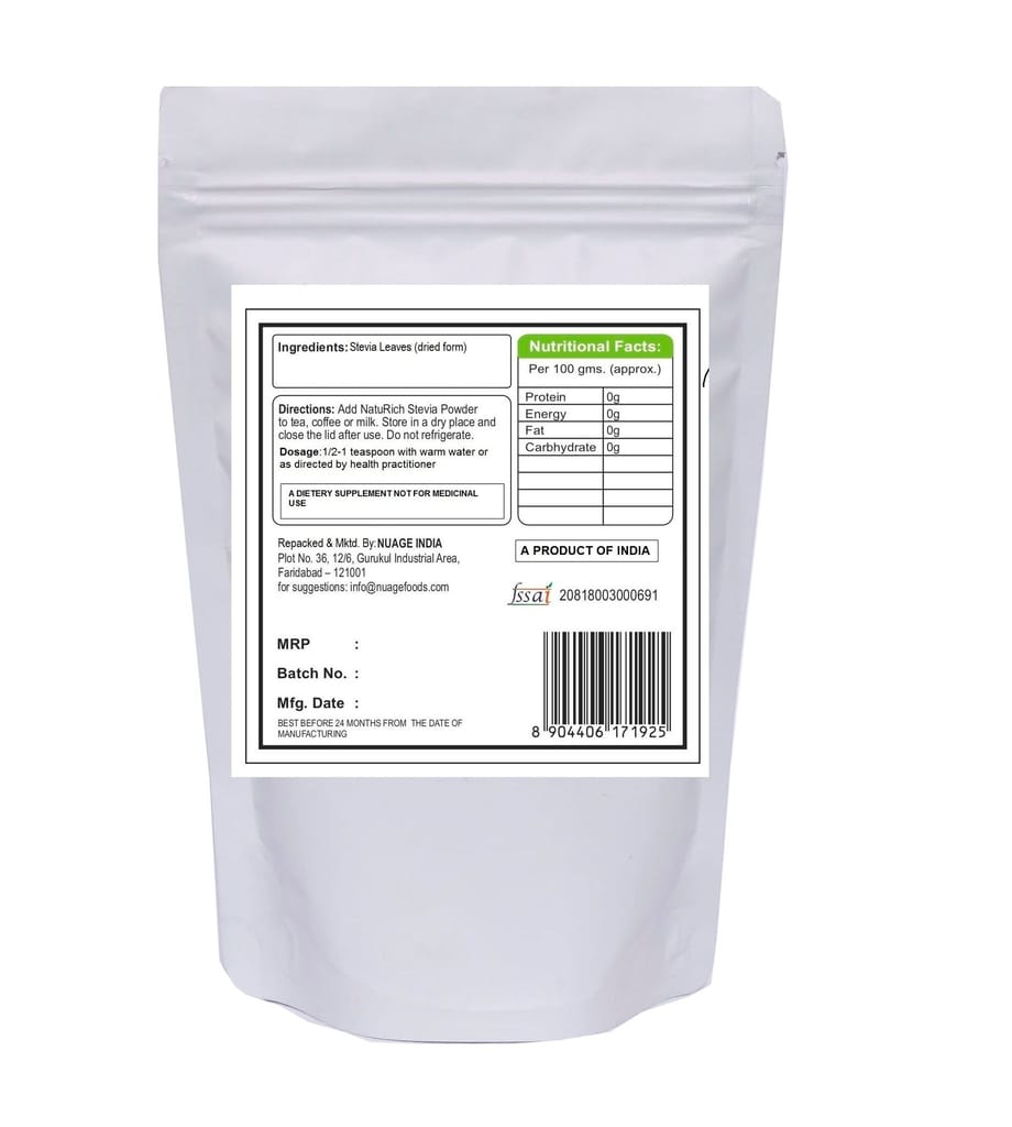 NatuRich Stevia dry Leaves, 50 g, Pouch, (Single Pack), Sugar Substitute