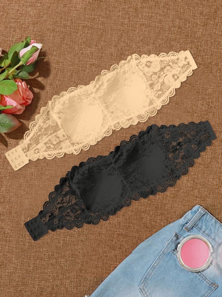 Latest Women Women’s/Girl’s Lace Net Tube Bra Strapless Padded Seamless Hook Closure Bra - Beige