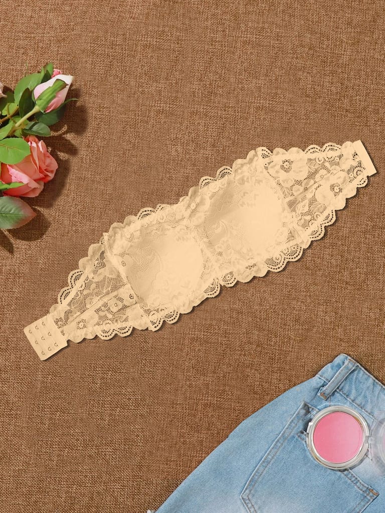 Latest Women Women’s/Girl’s Lace Net Tube Bra Strapless Padded Seamless Hook Closure Bra - Beige