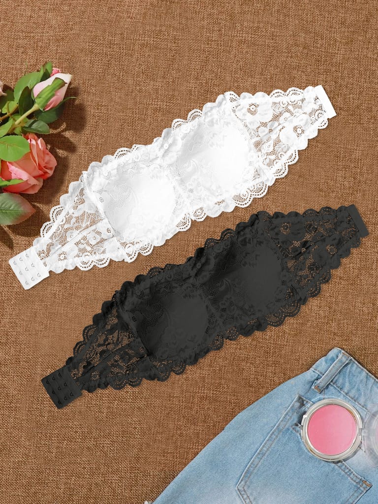 Luxurious Women Women’s/Girl’s Lace Net Tube Bra Strapless Padded Seamless Hook Closure Bra - Wh