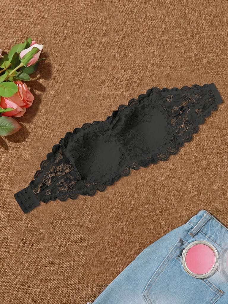 Luxurious Women Women’s/Girl’s Lace Net Tube Bra Strapless Padded Seamless Hook Closure Bra - Wh