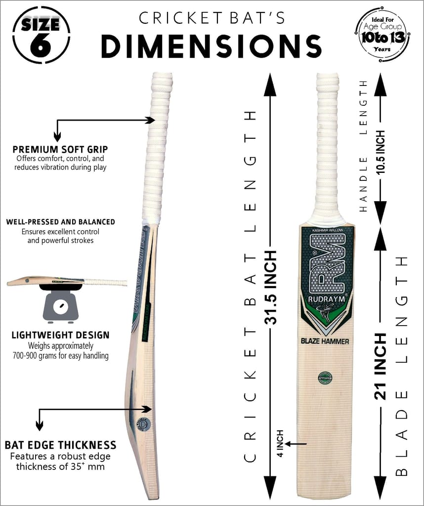 RUDRAYM RM Kids Cricket Bat BlazeHammer Size 6 Kashmiri Willow Wood For Leather Ball Kashmir Willow Cricket Bat  (700-900 g)