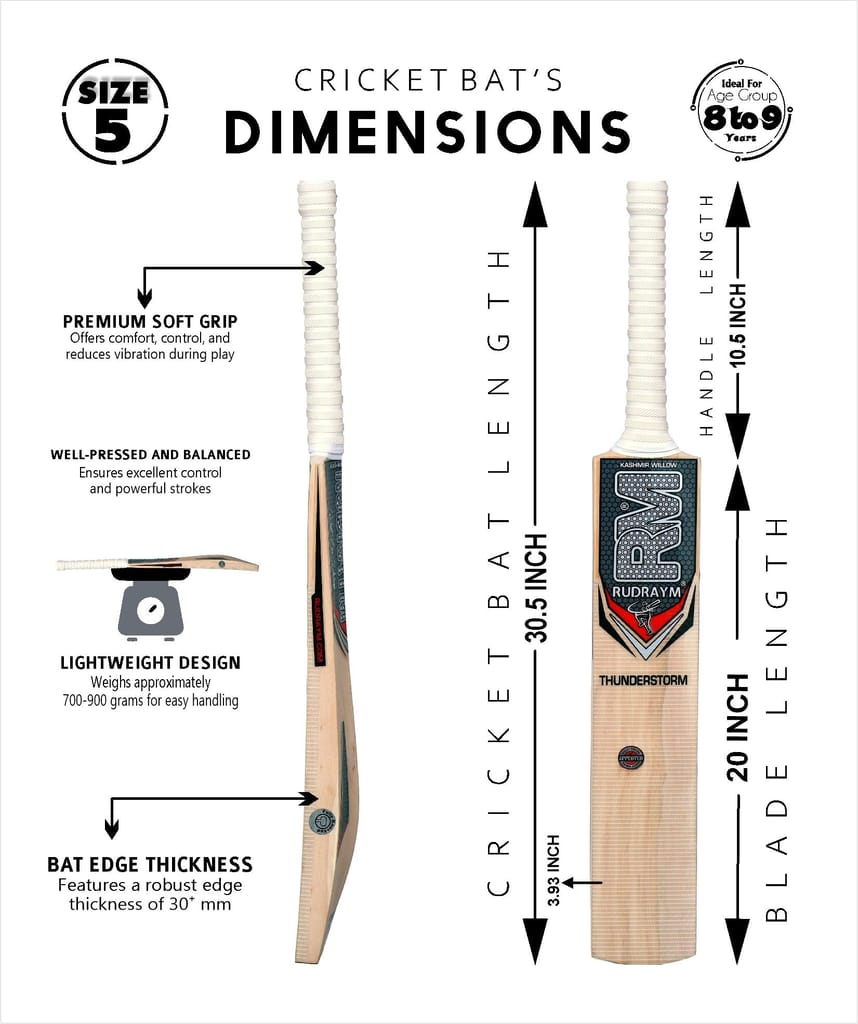RUDRAYM RM ThunderStorm Edition Kashmiri Willow Wood Kids Cricket Bat For Leather Ball Size 5 Kashmir Willow Cricket Bat  (700-900 g)