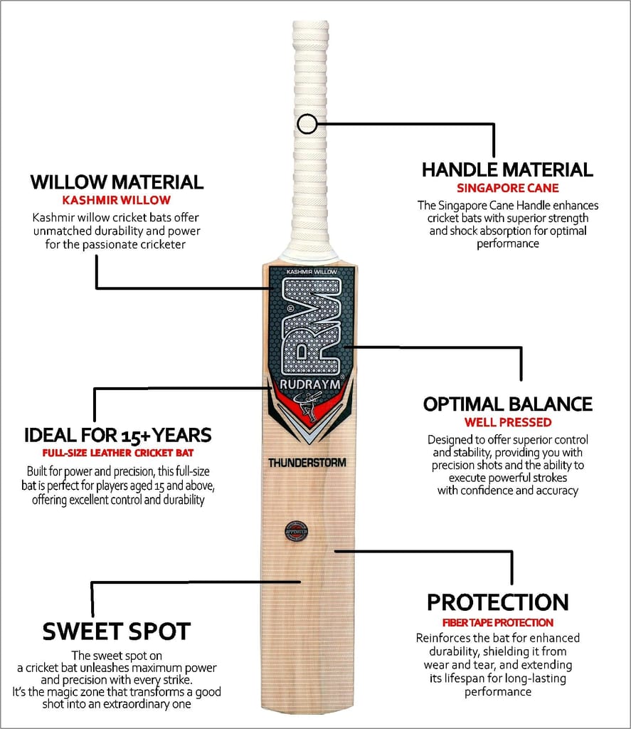 RUDRAYM RM ThunderStorm Edition Kashmiri Willow Wood Kids Cricket Bat For Leather Ball Size 4 Kashmir Willow Cricket Bat  (700-900 g)