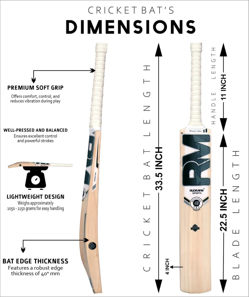 RUDRAYM RM Bruiser Edition Kashmir Willow Leather Cricket Bat Singapore Full Cane Handle (1100-1200 g)