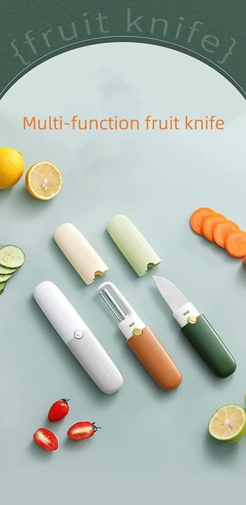 KIT & CO Multifunctional 2 in 1 Stainless Steel Fruit Knife Peeler, Fruit and Vegetable Peeler Dual-Use Knife, Outdoor Kitchen Tools Portable Peeling Fruit Peeler (Multicoloured, Medium)