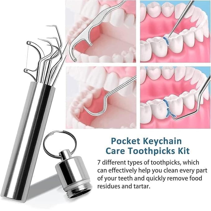 KIT & CO 7 Pcs Portable Stainless Steel Toothpicks Set, Reusable Toothpick Cleaning Kit for Teeth, Metal Toothpick Holders for Outdoor Picnic Camping Traveling