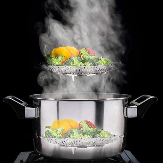 KIT & CO Vegetable Steamer Basket Premium Stainless Steel - Folding Collapsible Rust-Free for Easy Storage and Stay Fresh-Adjustable to Different Pots & Pans