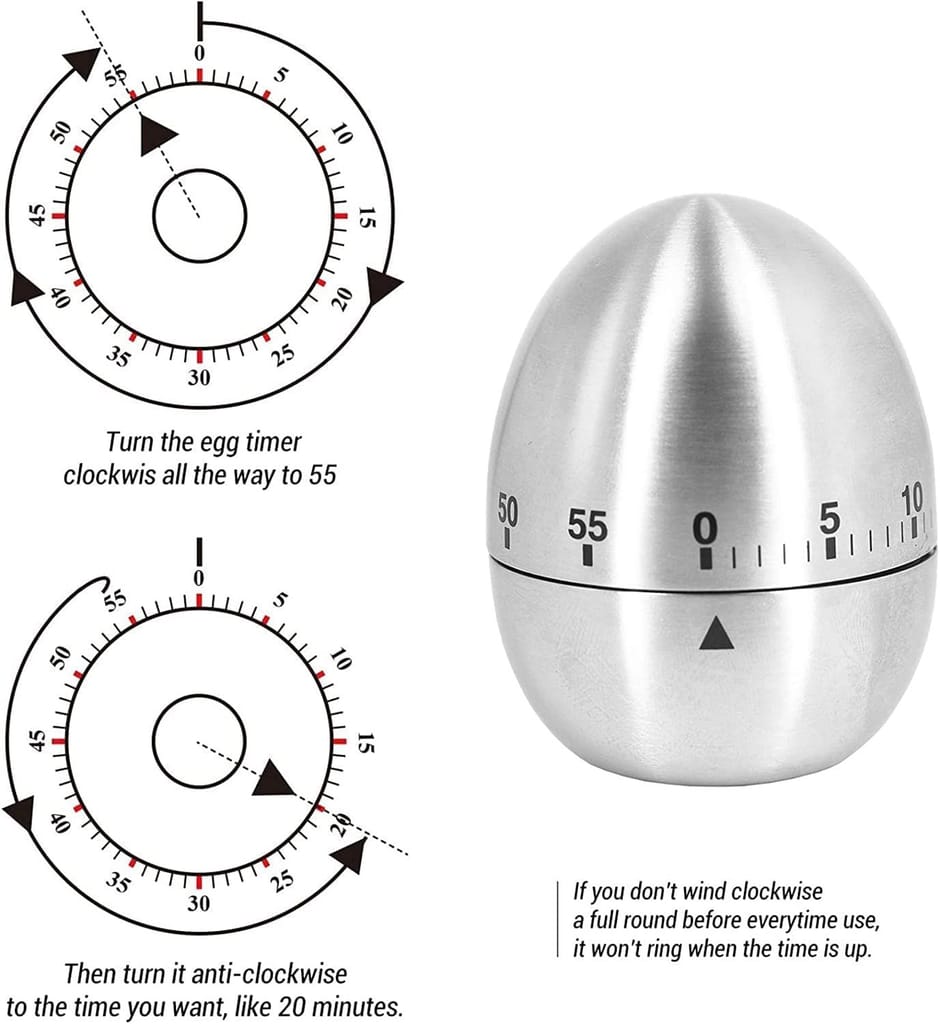 KIT & CO Egg Shape Timer Wind up Timer Kitchen Timer Cooking Timer Reminder Timer Mechanical Reminder Cute Timer Mechanical Rotating Alarm with 60 Minutes for Cooking Silver