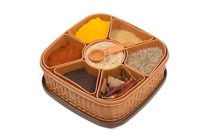 KIT & CO Plastic Square 7 Sections Multipurpose Masala Rangoli Dabba Box Set, Spice Box Set - Brown