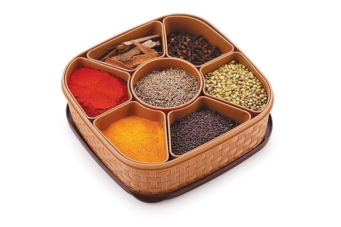 KIT & CO Plastic Square 7 Sections Multipurpose Masala Rangoli Dabba Box Set, Spice Box Set - Brown