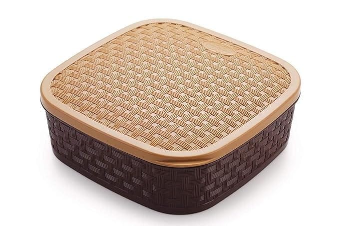 KIT & CO Plastic Square 7 Sections Multipurpose Masala Rangoli Dabba Box Set, Spice Box Set - Brown