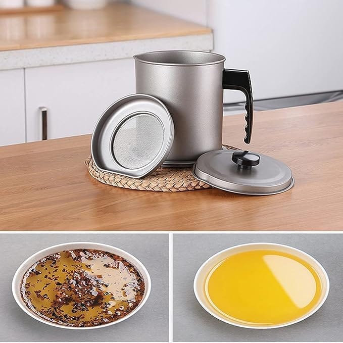 KIT & CO Kitchen Oil Filter Pot Container Grease with Strainer, 1.4L Used Cooking Oil Storage Can with Fine Mesh Filter Removable Tray with Keeper and Lid for Frying Cooking Oil Fryer Refining Pot