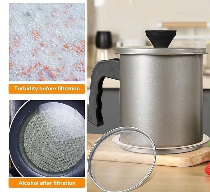 KIT & CO Kitchen Oil Filter Pot Container Grease with Strainer, 1.4L Used Cooking Oil Storage Can with Fine Mesh Filter Removable Tray with Keeper and Lid for Frying Cooking Oil Fryer Refining Pot