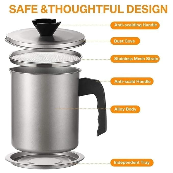 KIT & CO Kitchen Oil Filter Pot Container Grease with Strainer, 1.4L Used Cooking Oil Storage Can with Fine Mesh Filter Removable Tray with Keeper and Lid for Frying Cooking Oil Fryer Refining Pot