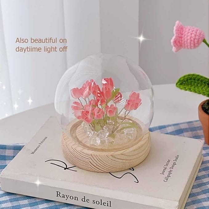 KIT & CO Night Light LED Decorations Lamp, No Assembly Required, Glass Artificial Tulips Bedroom Flower Table Lamp,Birthday Mothers Day Gifts for Girlfriend Mom Women Her Wife Sister Girls