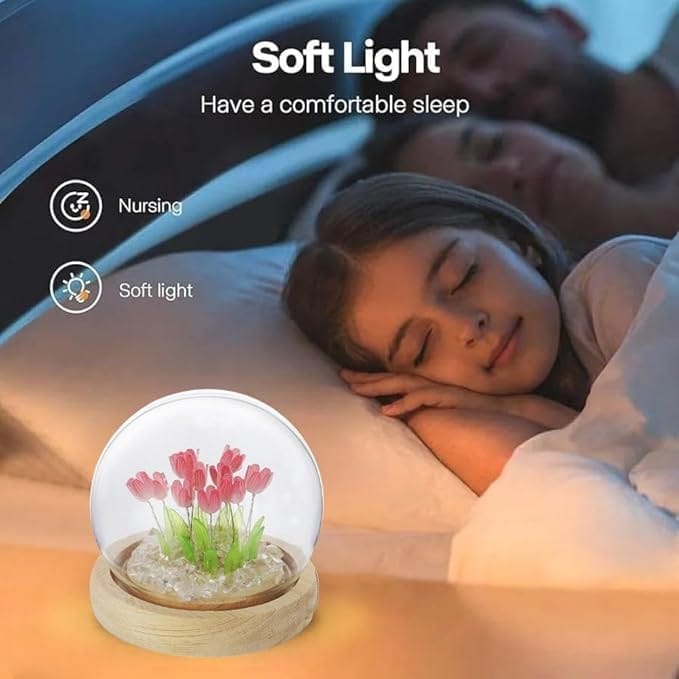 KIT & CO Night Light LED Decorations Lamp, No Assembly Required, Glass Artificial Tulips Bedroom Flower Table Lamp,Birthday Mothers Day Gifts for Girlfriend Mom Women Her Wife Sister Girls