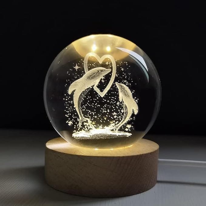 KIT & CO 3D Crystal Ball Night Light, Crystal Glass Lamp Figurines with Wooden Light Base, Crystal Gifts Laser Engraved Glass Sphere Home Decor