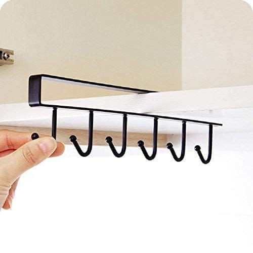 KIT & CO Piece, Metal 6 Hook Under Shelf Cabinet Rack for Coffee Cup, Mug, Wine Glass, Tie Hooks, Keys Hooks, Hanging Belts Scarf Organizer Kitchen Utensils Holder Rack