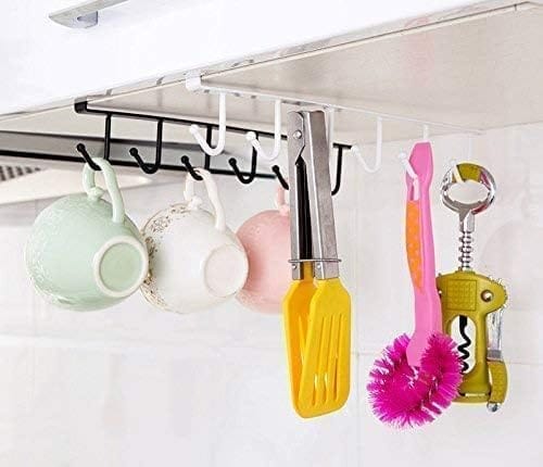 KIT & CO Piece, Metal 6 Hook Under Shelf Cabinet Rack for Coffee Cup, Mug, Wine Glass, Tie Hooks, Keys Hooks, Hanging Belts Scarf Organizer Kitchen Utensils Holder Rack