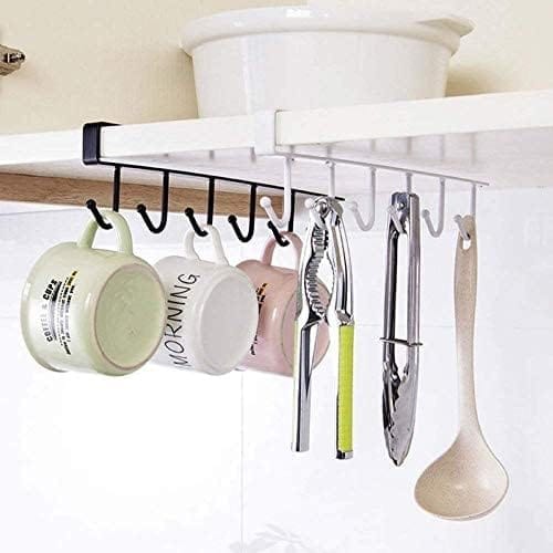 KIT & CO Piece, Metal 6 Hook Under Shelf Cabinet Rack for Coffee Cup, Mug, Wine Glass, Tie Hooks, Keys Hooks, Hanging Belts Scarf Organizer Kitchen Utensils Holder Rack