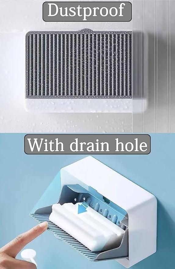 KIT & CO Premium Plastic Creative Wall Mounted Double Bar Bathroom Soap Box Holder Soap Dish with Drainage Box Soap Box with Lid Single/Double Grid Soap Draining Rack (1 Box)