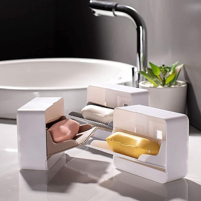 KIT & CO Premium Plastic Creative Wall Mounted Double Bar Bathroom Soap Box Holder Soap Dish with Drainage Box Soap Box with Lid Single/Double Grid Soap Draining Rack (1 Box)