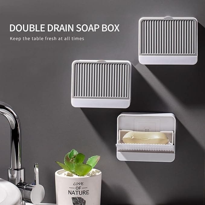 KIT & CO Premium Plastic Creative Wall Mounted Double Bar Bathroom Soap Box Holder Soap Dish with Drainage Box Soap Box with Lid Single/Double Grid Soap Draining Rack (1 Box)