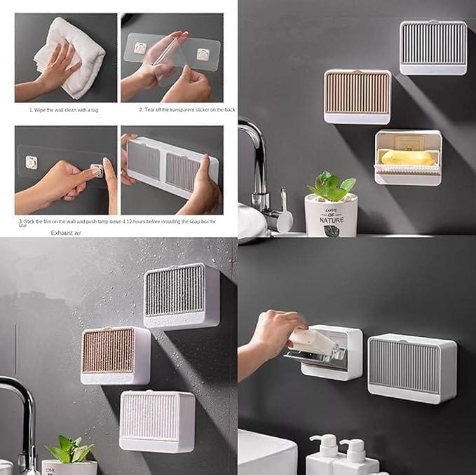 KIT & CO Premium Plastic Creative Wall Mounted Double Bar Bathroom Soap Box Holder Soap Dish with Drainage Box Soap Box with Lid Single/Double Grid Soap Draining Rack (1 Box)