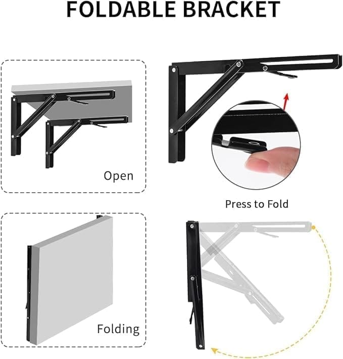 KIT & CO Folding Shelf Brackets - Heavy Duty Metal Collapsible Shelf Bracket for Bench Table, Shelf Hinge Wall Mounted Space Saving DIY Bracket