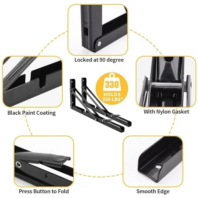 KIT & CO Folding Shelf Brackets - Heavy Duty Metal Collapsible Shelf Bracket for Bench Table, Shelf Hinge Wall Mounted Space Saving DIY Bracket