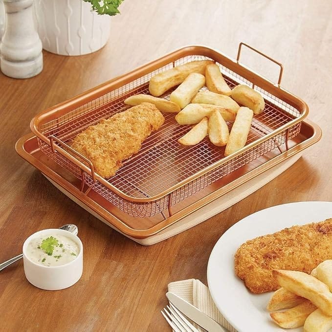 KIT & CO Kitchen Deep-Fried Food Drain Basin Rectangle Crispy Tray Filter Mesh Fresh-Keeping Basket Non-Stick Oil Pan Crisping Tray Oven Baking Tray Frying Basket and Baking Sheet